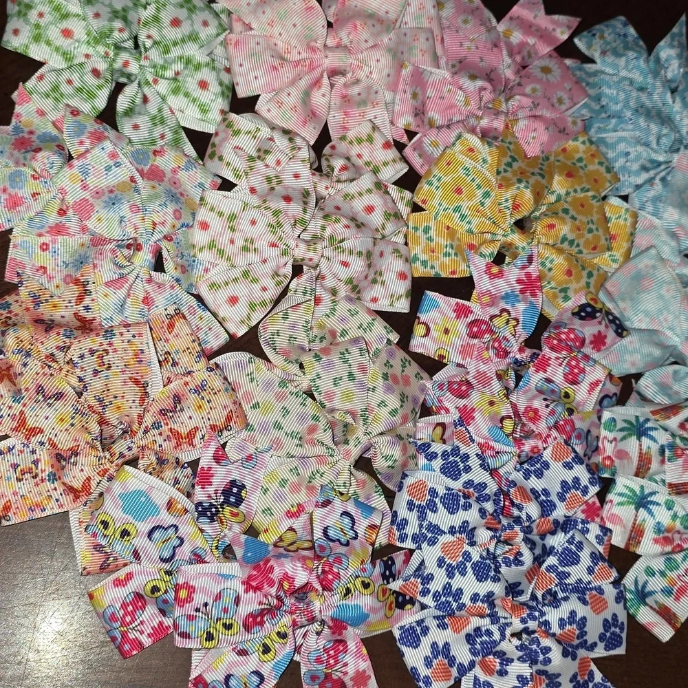 (J20) 34 Total Each, Colorful Floral Patterned Hair Bows Clips for Kids
